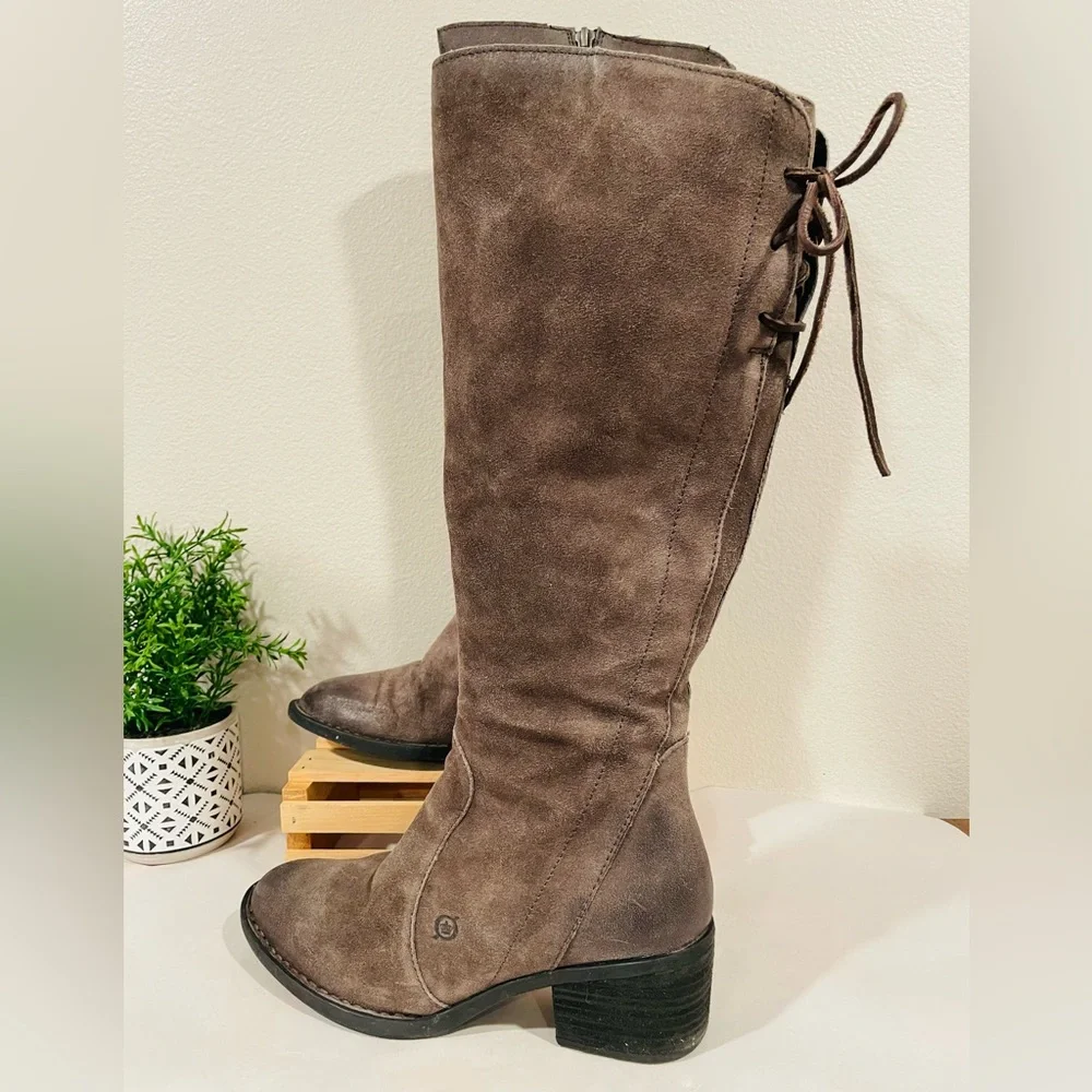 Born “Felicia” Taupe Knee-High Suede Boots Distressed w Tie Back | Like New